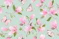 Watercolor magnolia floral seamless vector pattern. Butterflies, summer magnolia flowers, leaves, blossom