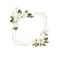 Watercolor Magnolia frame with gold crystal shape.