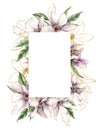 Watercolor magnolias frame of gold flowers and linear leaves. Hand painted floral border of plants isolated on white