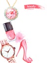 Watercolor Make up artist objects:Jewelry, women`s watches, shoes, nail Polish. Vector beauty background.