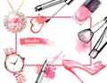 Watercolor Make up artist objects:Jewelry, women`s watches, shoes, nail Polish. Vector beauty background.