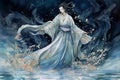 watercolor male cultivator in white hanfu dancing underwater