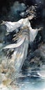 watercolor male cultivator in white hanfu dancing underwater