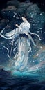 watercolor male cultivator in white hanfu dancing underwater