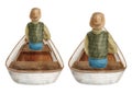 Watercolor man in wooden boat illustration set. Hand drawn fisherman in classic rowboat isolated on white background