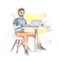 Watercolor man work with laptop in cafe on freelance on yellow and pink background