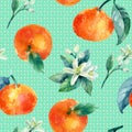 Watercolor mandarine orange fruit branch with leaves seamless pattern