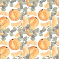 Watercolor mandarine orange fruit with leaves seamless pattern.