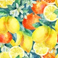 Watercolor mandarine orange and lemon fruit branch with leaves seamless pattern