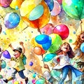 watercolor of many lovely cartoons celebrations