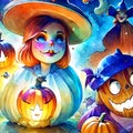 watercolor of many lovely Halloween cartoons