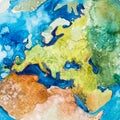 Watercolor map of Europe and parrt of Africa. Aquarelle illustration.