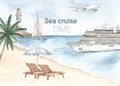 Watercolor map Sea cruise time with cruise ship, yacht, plane, beach loungers, lighthouse Royalty Free Stock Photo