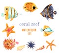 Watercolor marine clipart coral fish