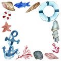 Watercolor marine frame. Square frame with insulated hand painted marine Sea star, sea shell, lifebuoy, ring, anchor, coral, fish. Royalty Free Stock Photo