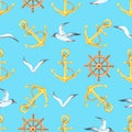 Watercolor marine seamless pattern with a Seagull, anchor, and steering wheel.Watercolour summer illustration