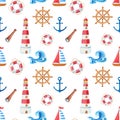 Watercolor marine seamless pattern with wooden ship,anchor,Lifebuoy,steering wheel.Watercolour summer illustration