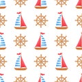 Watercolor marine seamless pattern with wooden ship,steering wheel.Watercolour summer illustration with sea symbols on a