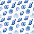 Watercolor marine seamless patterns. Seashells nautical wallpaper, background Hand drawn painting. Blue sea shell Royalty Free Stock Photo