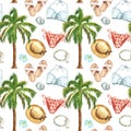 Watercolor summer cute seamless pattern with beach elements. Swimsuit, sandals, seashells, palm tree, straw hat on white Royalty Free Stock Photo