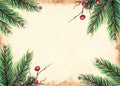 Watercolor marker New Year Christmas tree branches holiday composition frame border background texture