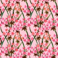 Watercolor marsh plants and herbs seamless pattern with pink flowers Royalty Free Stock Photo