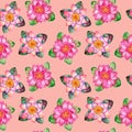 Watercolor marsh plants and herbs seamless pattern with pink water lilies on pink Royalty Free Stock Photo