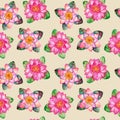 Watercolor marsh plants and herbs seamless pattern with pink water lilies on a beige Royalty Free Stock Photo