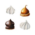 Watercolor marshmallow in chocolate and meringue. Hand painting sweet orange souffle on a white isolated background. For
