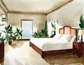 Watercolor of A master bedroom with a