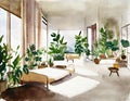 Watercolor of A master bedroom with a