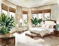 Watercolor of A master bedroom with a