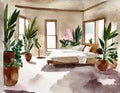 Watercolor of A master bedroom with a