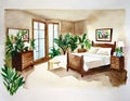 Watercolor of A master bedroom with a