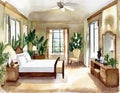 Watercolor of A master bedroom with a