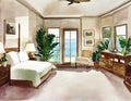 Watercolor of A master bedroom with a