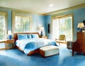 Watercolor of a master bedroom with a plush blue and soaring