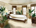 Watercolor of A master bedroom with a