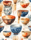 Watercolor Matcha Tea Bowls and Whisks Pattern Royalty Free Stock Photo