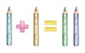 Watercolor math pencils one plus one equals two on a white background