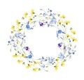 Watercolor Meadow Flower Wreath with Spring flowers. Floral Border with summer flowers