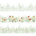 Watercolor meadow flowers border poppy, sage, grass. Hand painted field floral design of field wildflowers  isolated Royalty Free Stock Photo