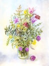 Watercolor meadow flowers in a glass jar. Summer vintage illustration