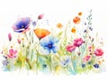 Watercolor meadow with flowers, hand drawn on a white background Generative AI Royalty Free Stock Photo