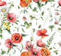 Watercolor meadow flowers seamless pattern of poppy, celandine, clover and bindweed. Hand painted floral illustration