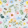 Watercolor meadow flowers seamless pattern. Wildflowers, bees and butterfly on light blue background Royalty Free Stock Photo