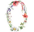 Watercolor meadow flowers wreath of poppy, chamomile, buttercup, campanula and sage. Hand painted floral card of