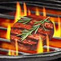 Watercolor meat, steak beef, rosemary twig and black barbecue grill, kitchen tools. Hand-drawn illustration isolated on