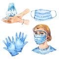 Watercolor Medical Equipment, Medical masks, blue gloves, hand washing