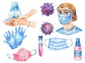 Watercolor Medical Equipment, Medical masks, blue gloves, hand washing